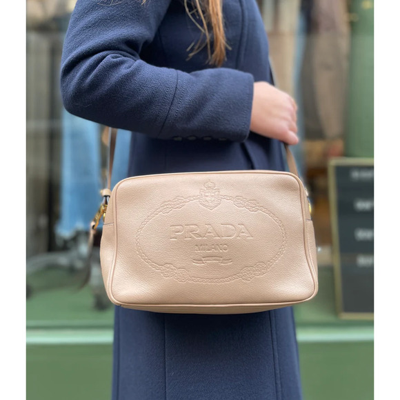 Prada Milano Beige Leather Logo Embossed Camera Crossbody Bag - Picture 2 of 15